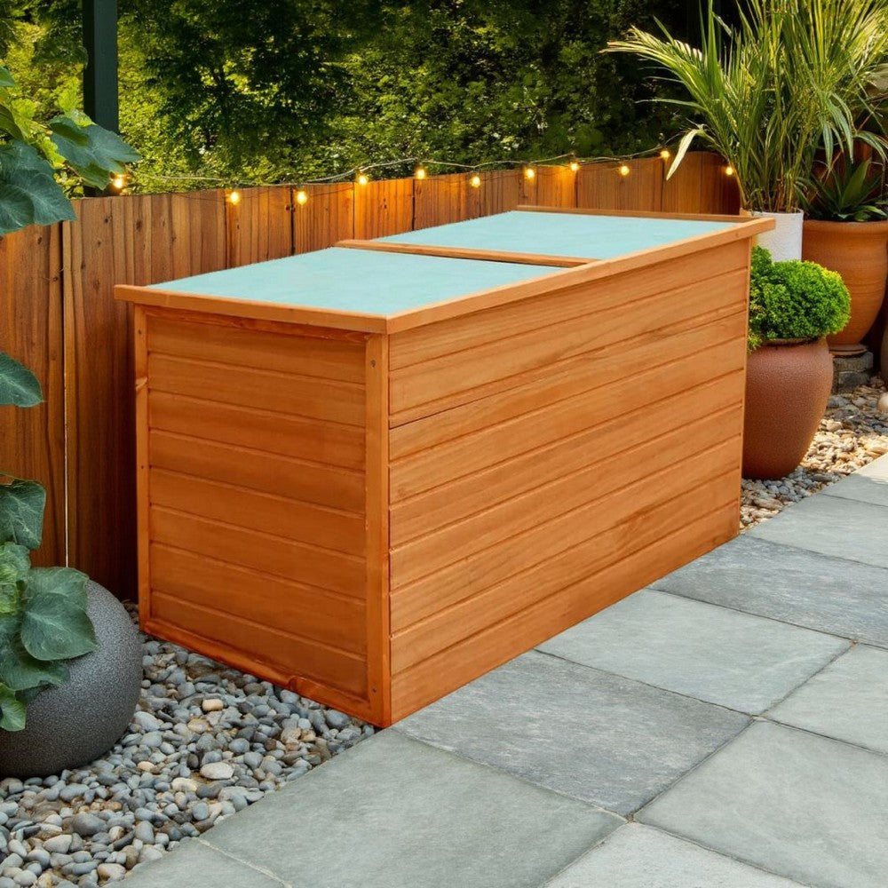 Outdoor Deck Patio Storage Box, Hinged Lift Top, Brown Wood 28x28x50