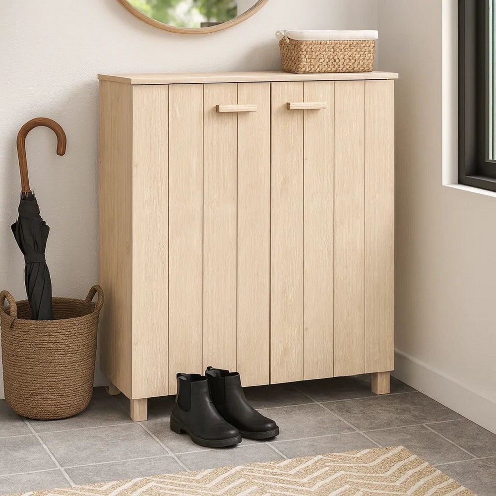 Shoe Cabinet, 2 Slatted Doors, Honey Brown Solid Pine Wood, 33x16x42"