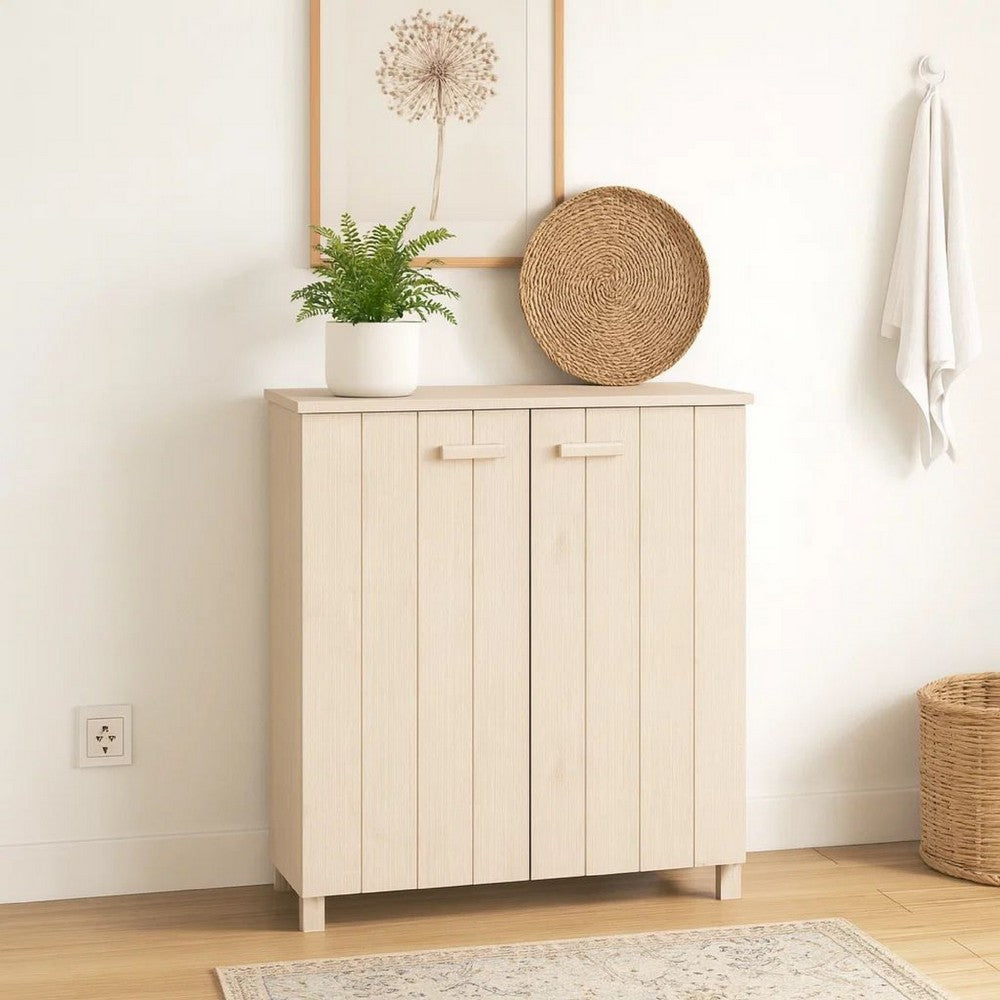 Shoe Cabinet, 2 Slatted Doors, Honey Brown Solid Pine Wood, 33x16x42"