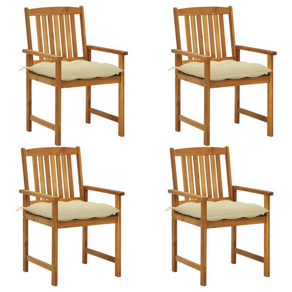 Blaire 4pc Patio Chair w Ivory Cushions, Slatted Brown Acacia Wood