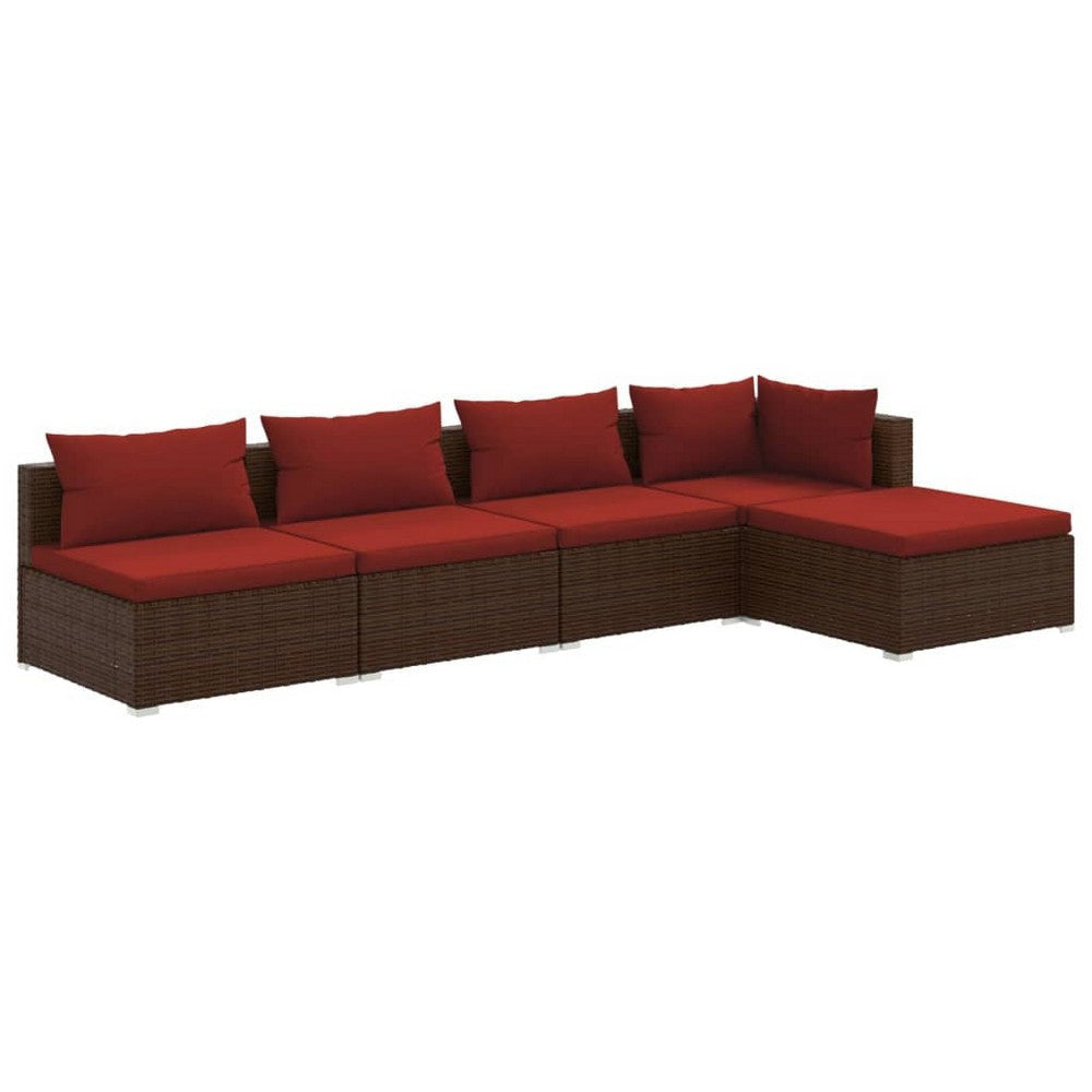 5pc Outdoor Modular Sectional Sofa Set Red Cushions Brown Rattan BM325614