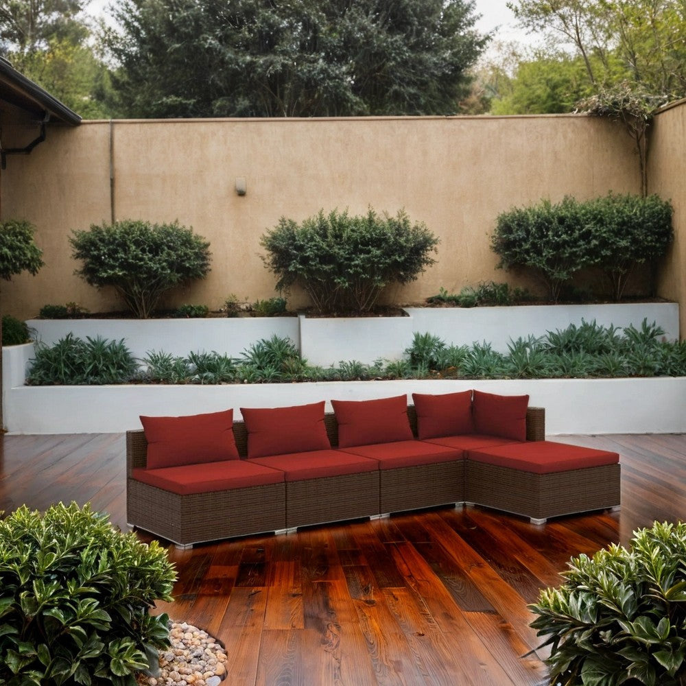 5pc Outdoor Modular Sectional Sofa Set, Red Cushions, Brown Rattan
