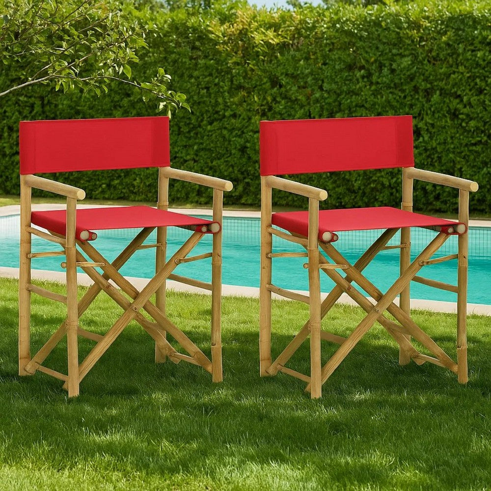 Outdoor Foldable Accent Chair Set of 2, Red Fabric, Brown Bamboo