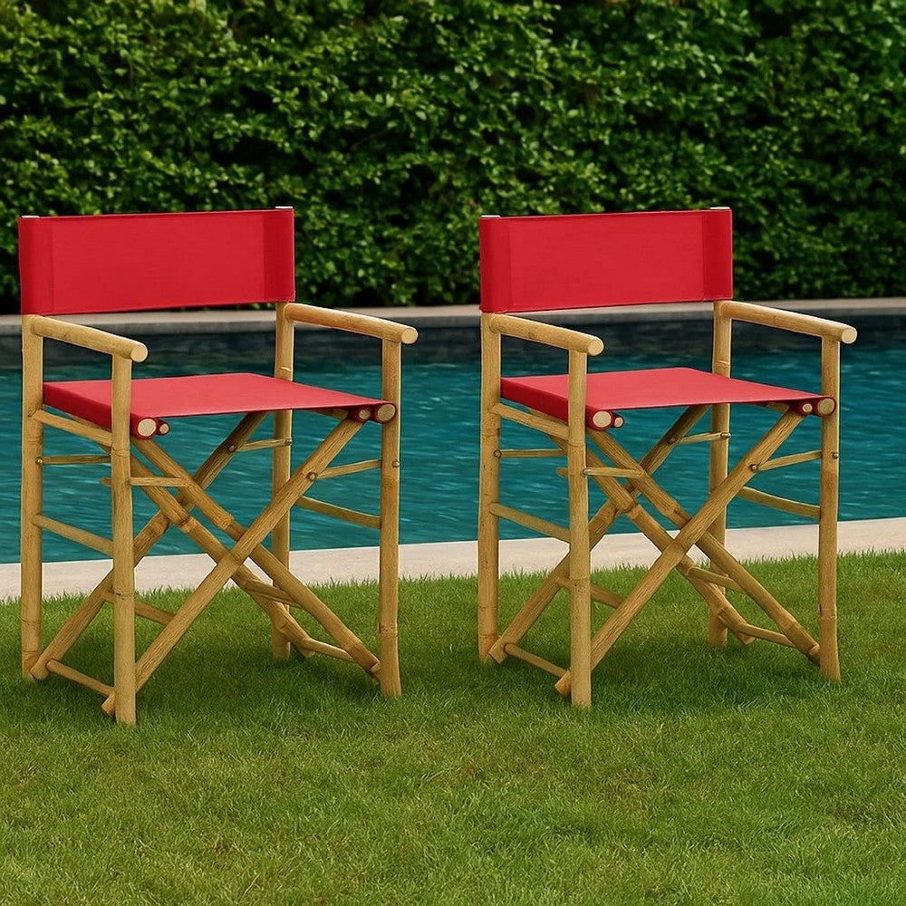 Outdoor Foldable Accent Chair Set of 2, Red Fabric, Brown Bamboo
