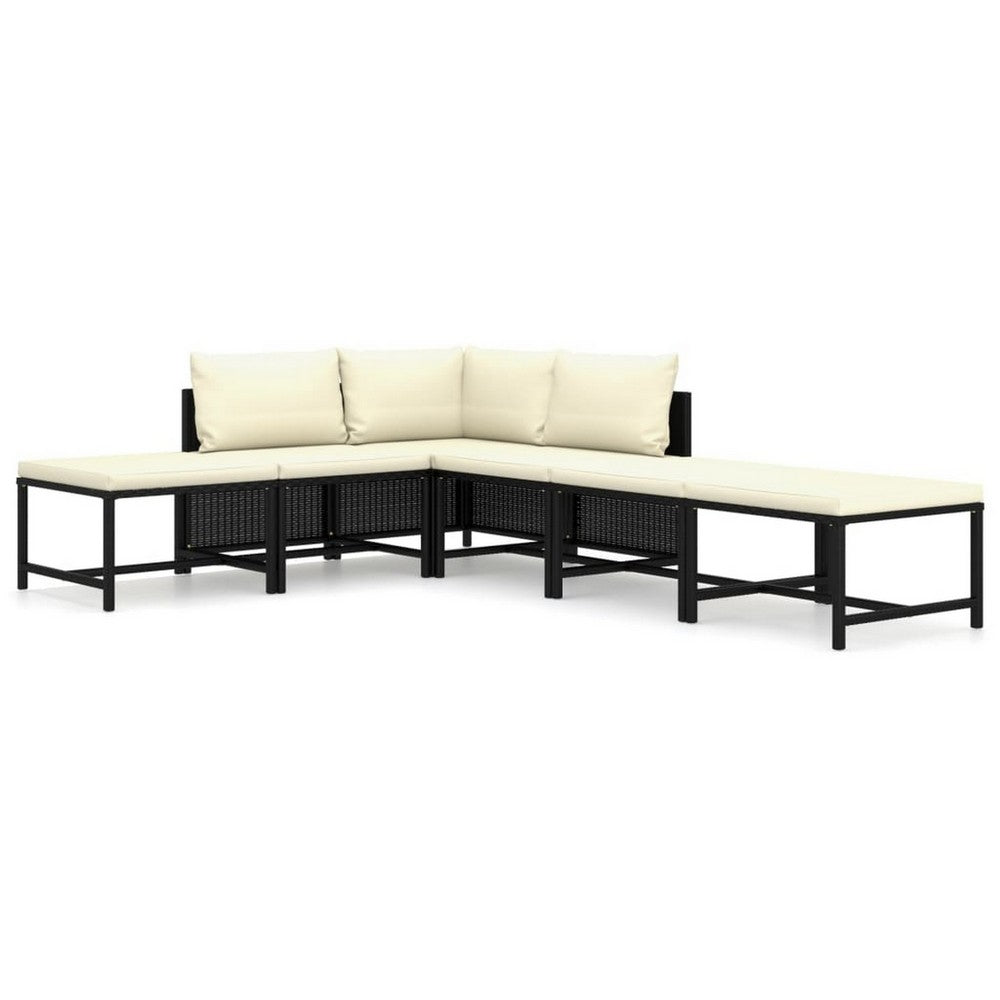 Reno 6pc Outdoor Modular Sofa Set, Footrests, Ivory, Black Rattan