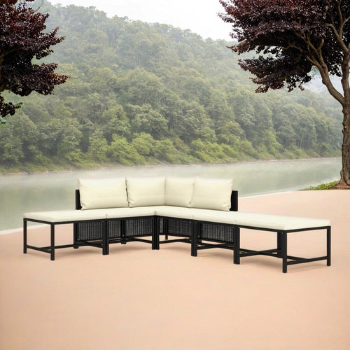 Reno 6pc Outdoor Modular Sofa Set, Footrests, Ivory, Black Rattan