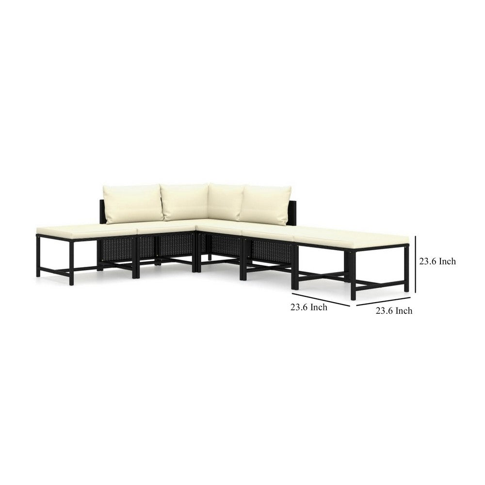 Reno 6pc Outdoor Modular Sofa Set, Footrests, Ivory, Black Rattan