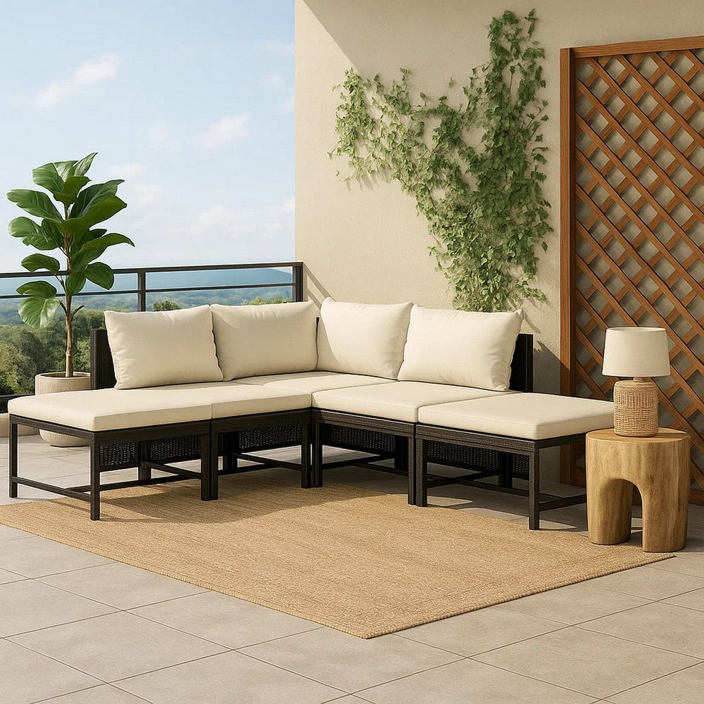 Reno 6pc Outdoor Modular Sofa Set, Footrests, Ivory, Black Rattan