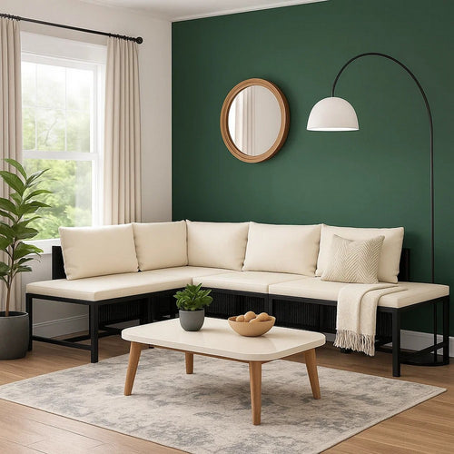 Reno 6pc Outdoor Modular Sofa Set, Footrests, Ivory, Black Rattan