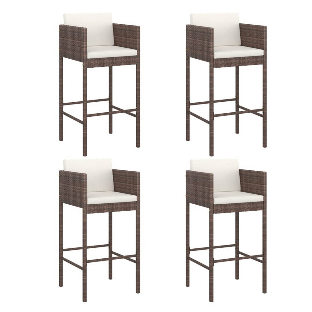 4pc Outdoor Barstool Chair Set, White Cushion, Brown Rattan, 30"