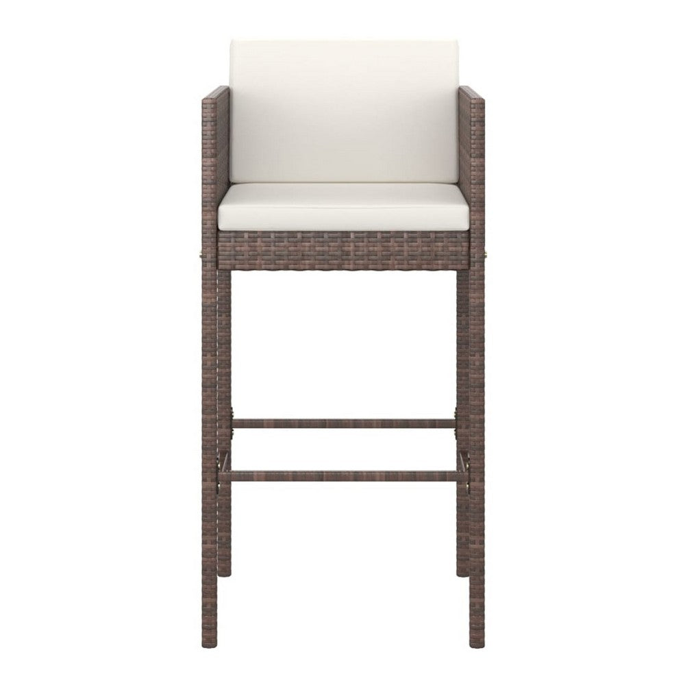4pc Outdoor Barstool Chair Set, White Cushion, Brown Rattan, 30"