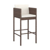 4pc Outdoor Barstool Chair Set, White Cushion, Brown Rattan, 30"