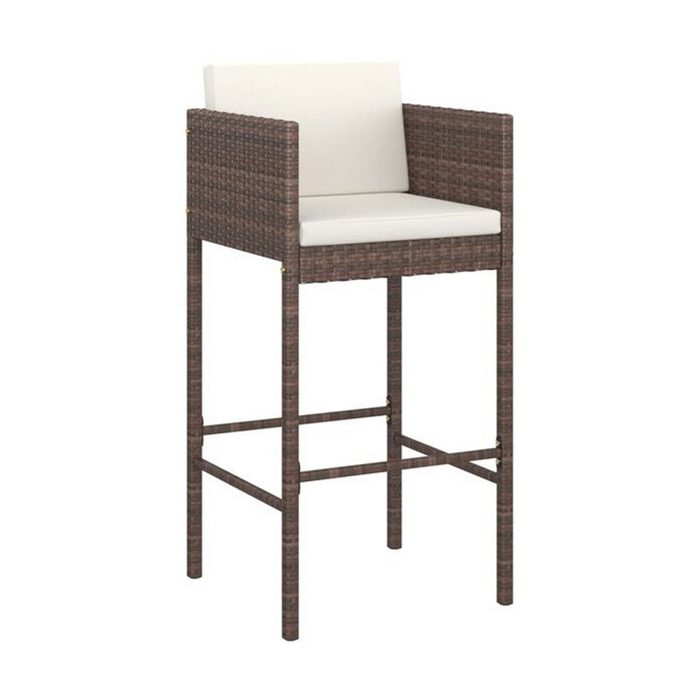 4pc Outdoor Barstool Chair Set, White Cushion, Brown Rattan, 30"