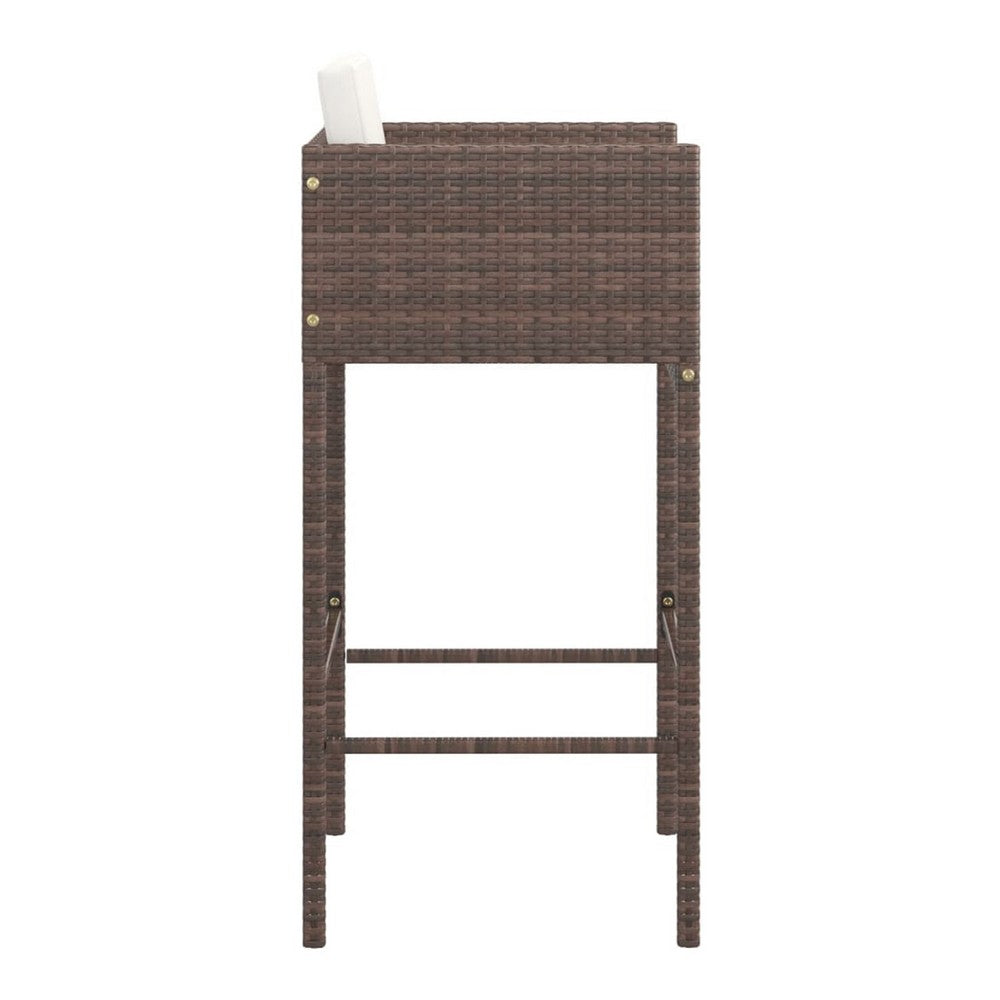 4pc Outdoor Barstool Chair Set, White Cushion, Brown Rattan, 30"