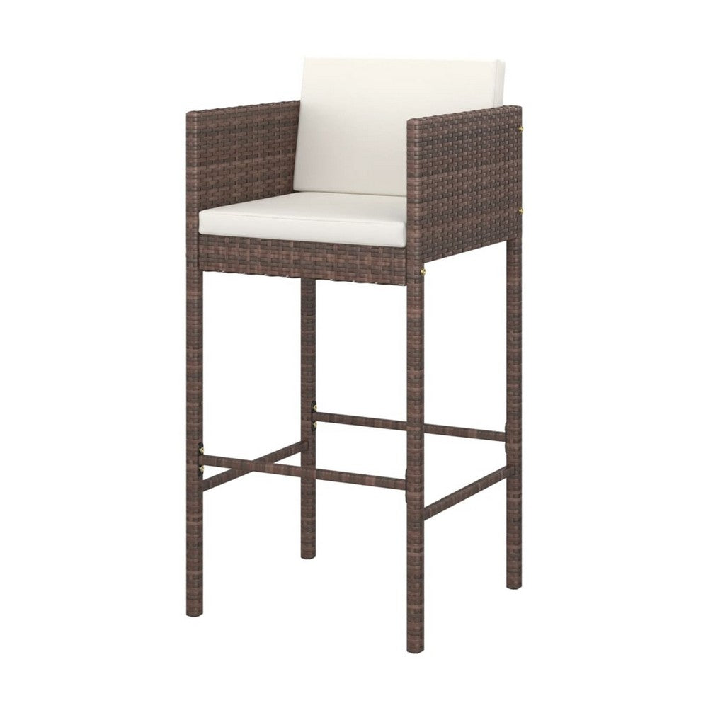 4pc Outdoor Barstool Chair Set, White Cushion, Brown Rattan, 30"