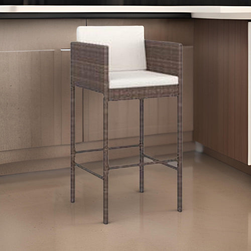 4pc Outdoor Barstool Chair Set, White Cushion, Brown Rattan, 30"