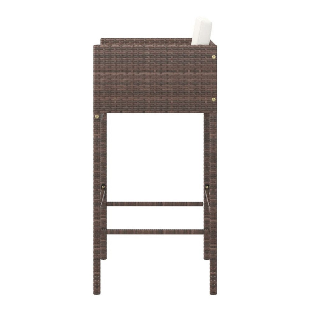 4pc Outdoor Barstool Chair Set, White Cushion, Brown Rattan, 30"