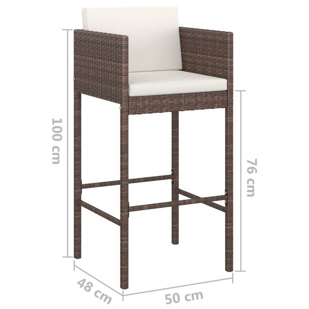4pc Outdoor Barstool Chair Set, White Cushion, Brown Rattan, 30"