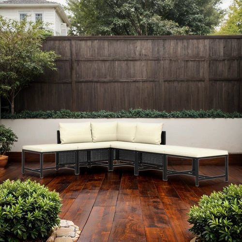 Reno Outdoor 4 Piece Modular Sofa Set, Ivory Cushions, Black Rattan