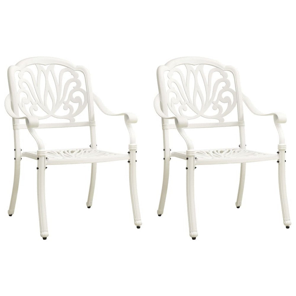 Outdoor Patio Chairs Set of 2, Floral Pattern Backrest, White Aluminum