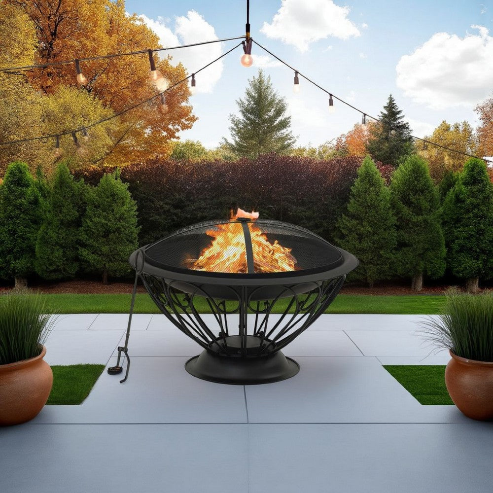 Outdoor Fire Pit with Poker and Mesh Cover, 30" Black Steel Frame
