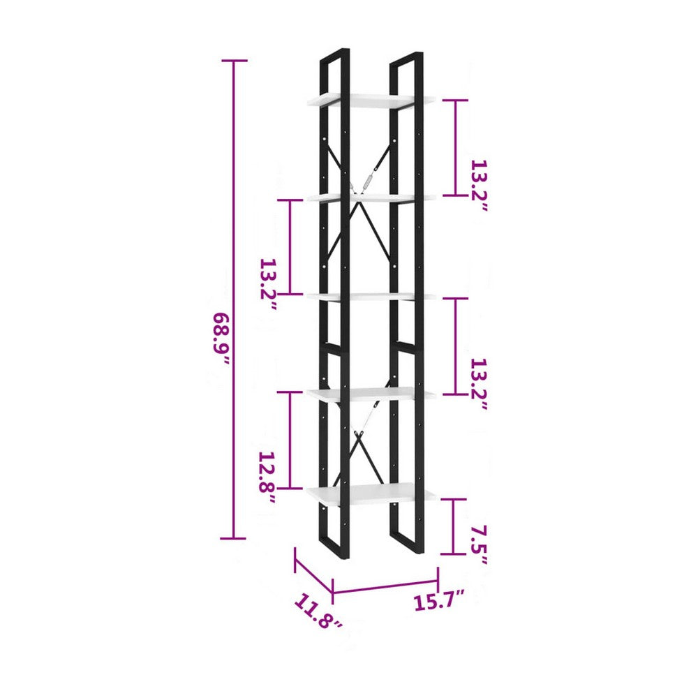 5 Tier Bookshelf Unit, Open White Wood Racks, 41" Black Metal Frame