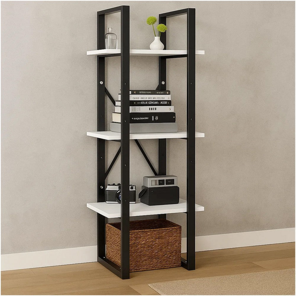 5 Tier Bookshelf Unit, Open White Wood Racks, 41" Black Metal Frame