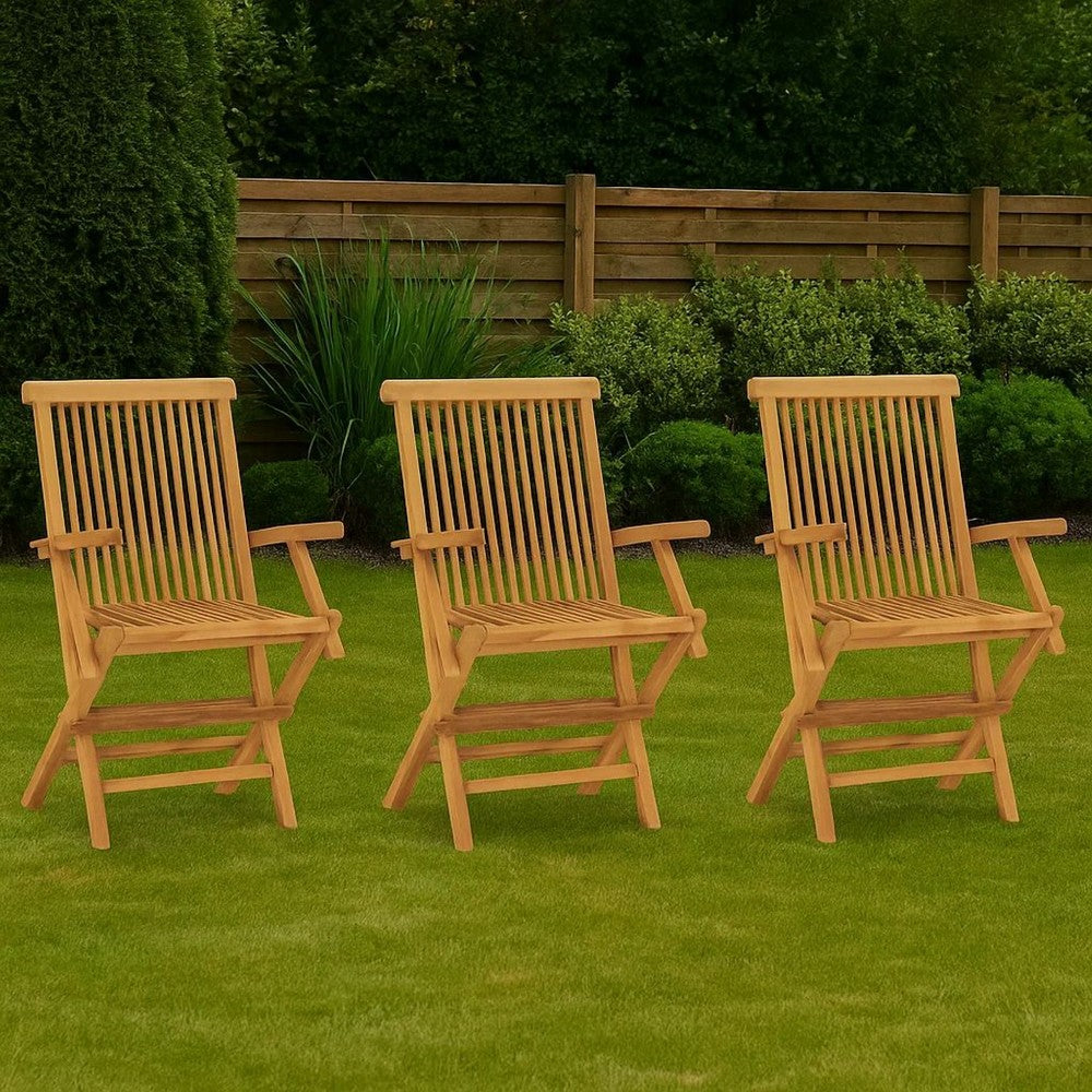 Foldable Outdoor Lounge Chair Set of 3, Slatted Back, Brown Teak Wood