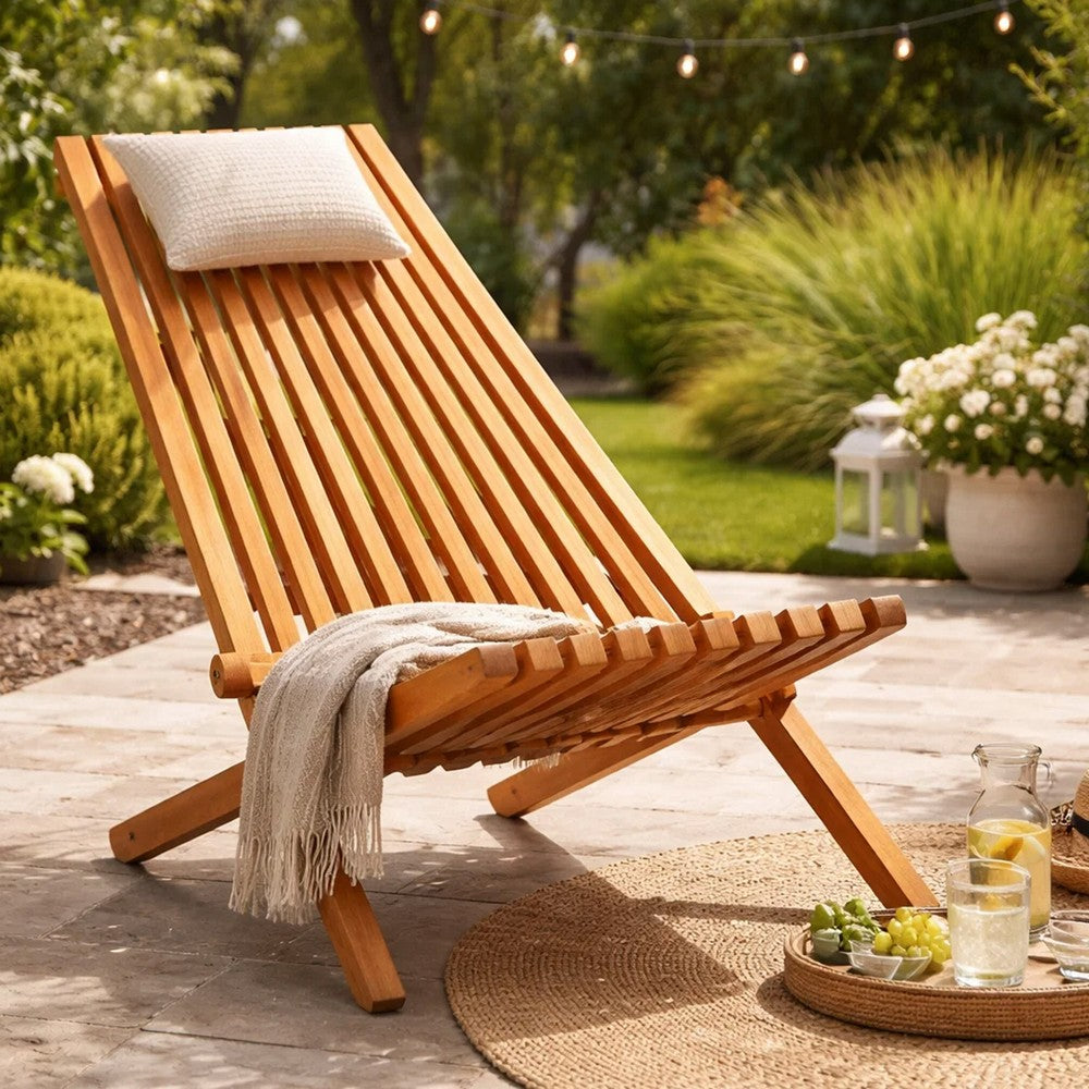 Folding Outdoor Patio Lounge Chair, Solid Acacia Wood, Slatted Design