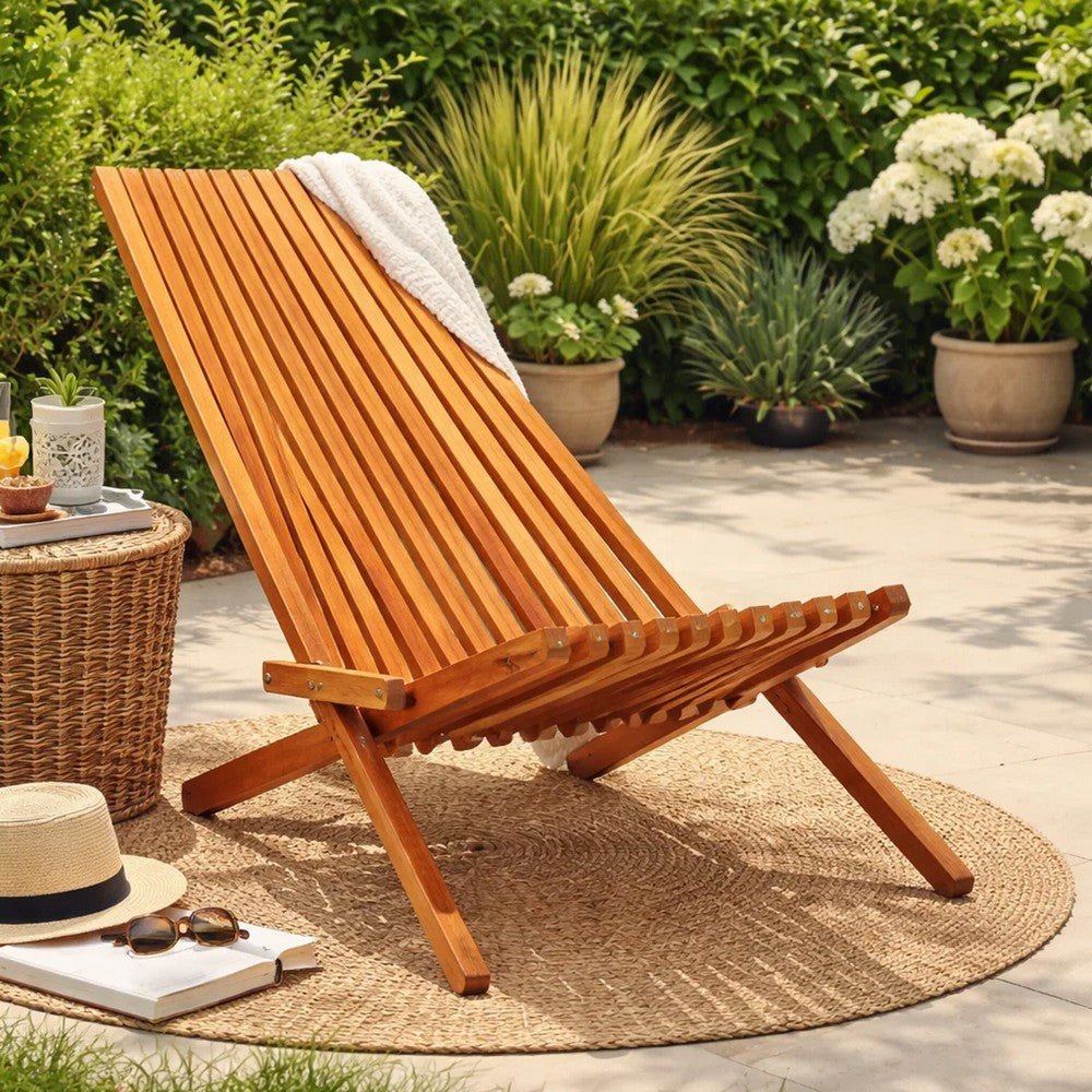 Folding Outdoor Patio Lounge Chair, Solid Acacia Wood, Slatted Design
