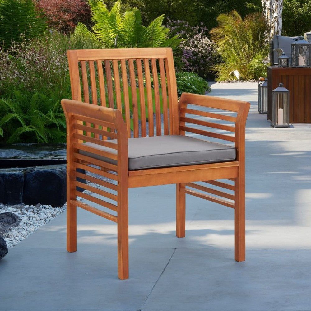 Kim Outdoor Dining Chair, Slatted Solid Acacia Wood, Gray Cushion