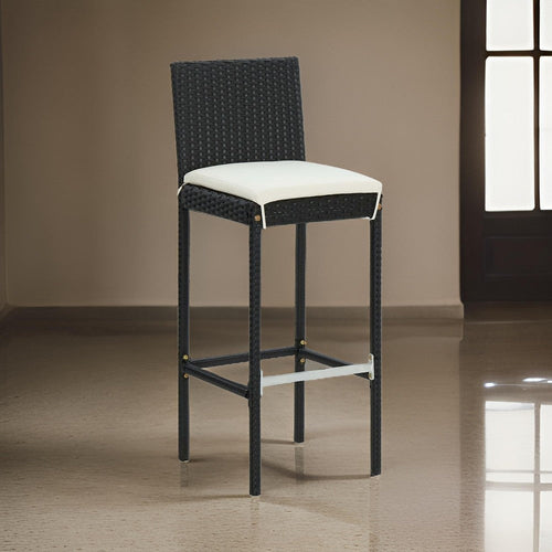 Nyra Outdoor Barstool Chair Set of 2, Cream Cushions Black Poly Rattan