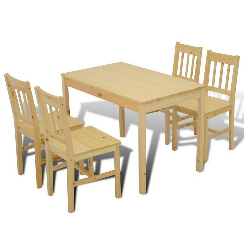 5 Piece Dining Table Set with 4 Side Chairs, Natural Brown Pine Wood