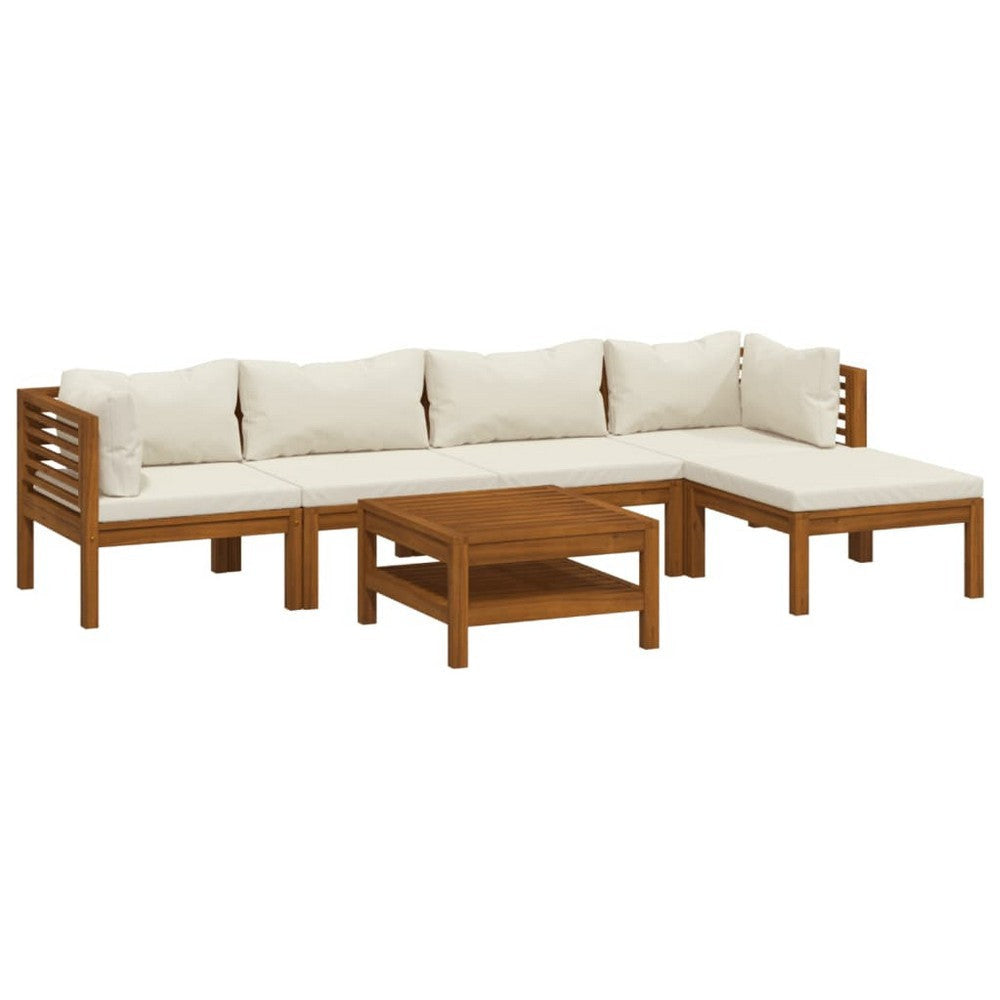 6pc Outdoor Modular Sofa Set, Coffee Table, Ivory, Brown Acacia Wood