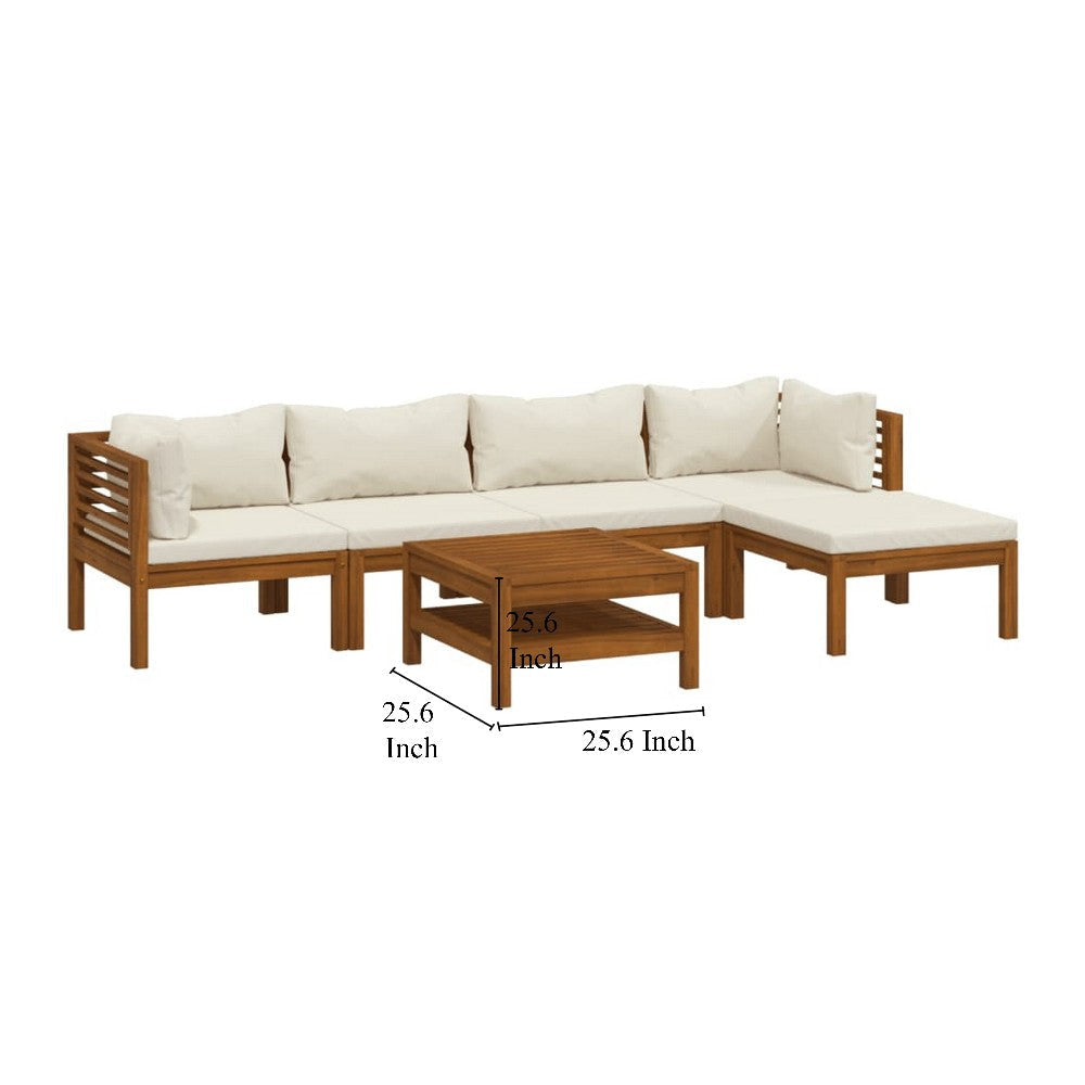 6pc Outdoor Modular Sofa Set Coffee Table Ivory Brown Acacia Wood BM325672