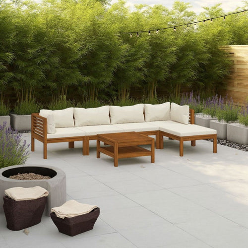 6pc Outdoor Modular Sofa Set, Coffee Table, Ivory, Brown Acacia Wood