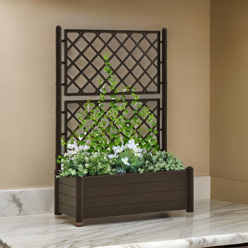 Garden Planter Flower Box with Trellis, Mocha Brown Plastic, Drainer