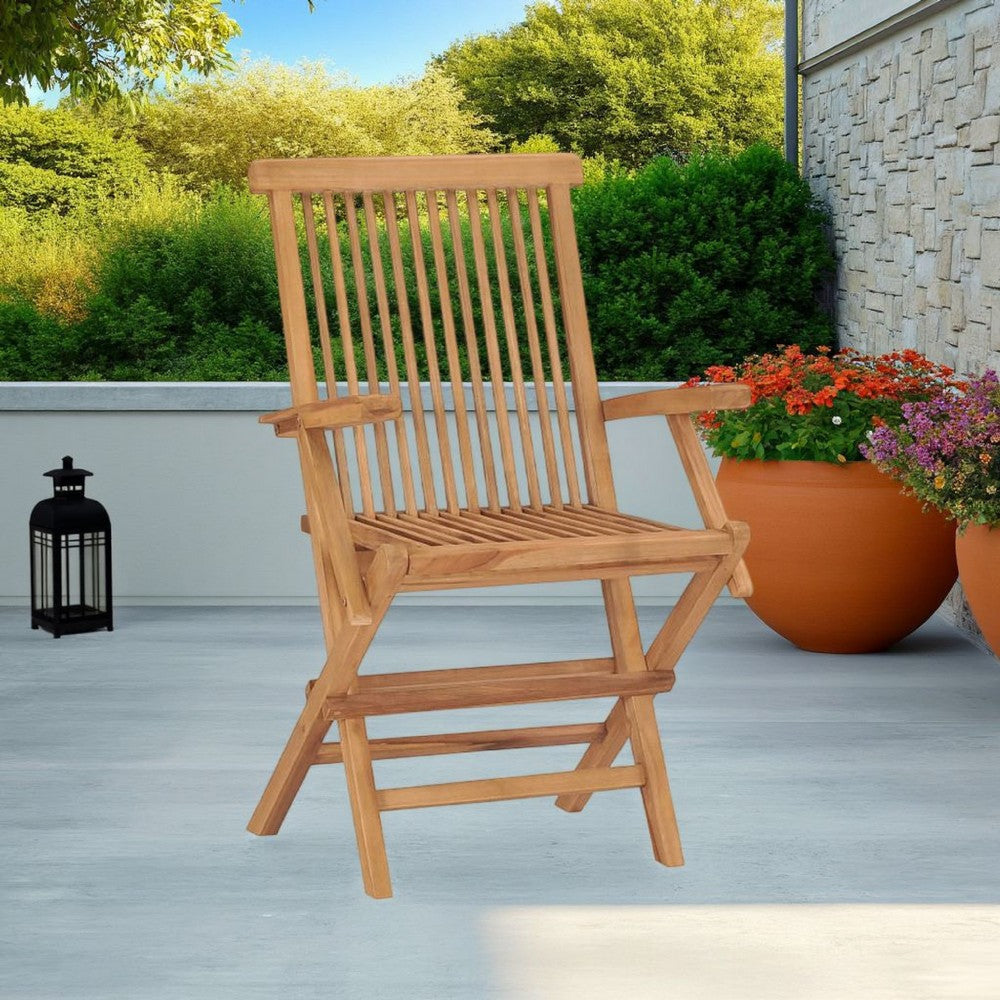 Folding Outdoor Chair Set of 2, Brown Solid Teak Wood, Slatted Back