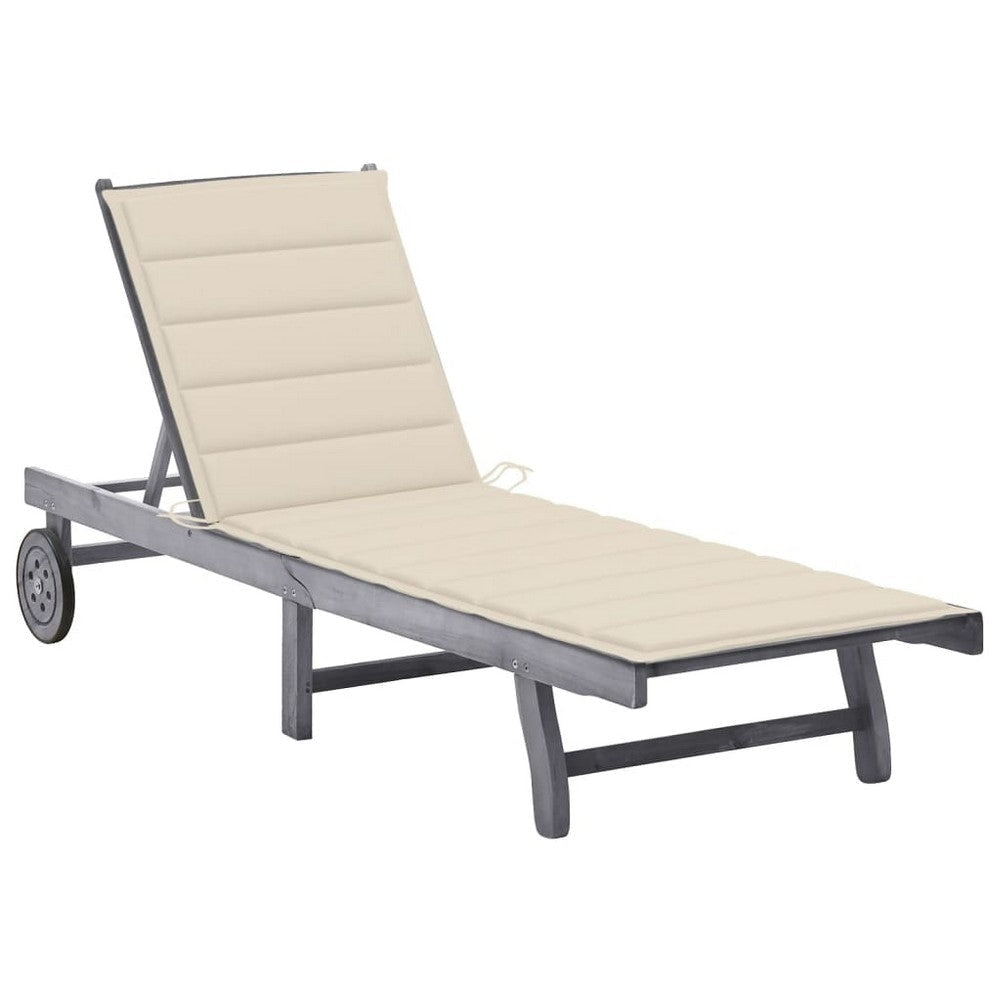 Outdoor Sun Lounger, Gray Acacia Wood, Ivory Fabric Cushion, 78"