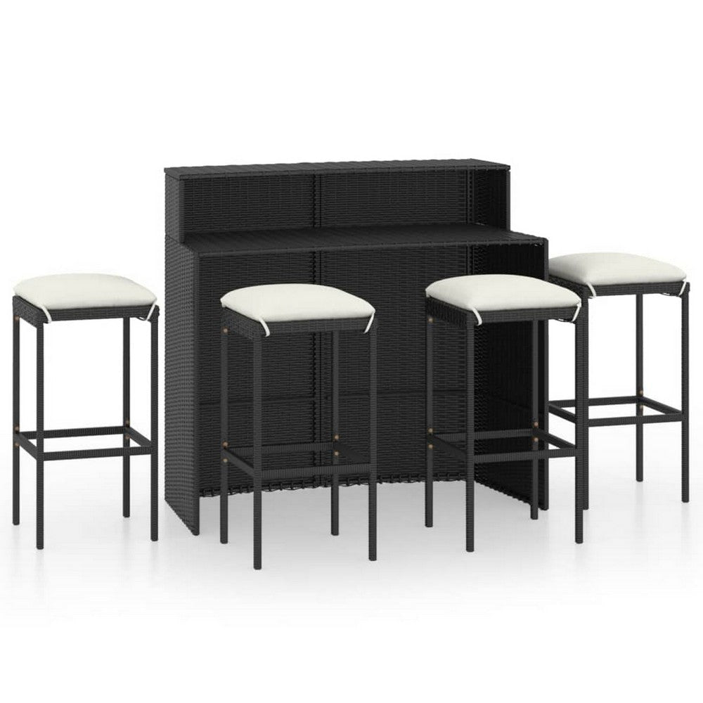 5 Piece Outdoor Bar Set, 1 Table, 4 Cushioned Stools, Black Rattan