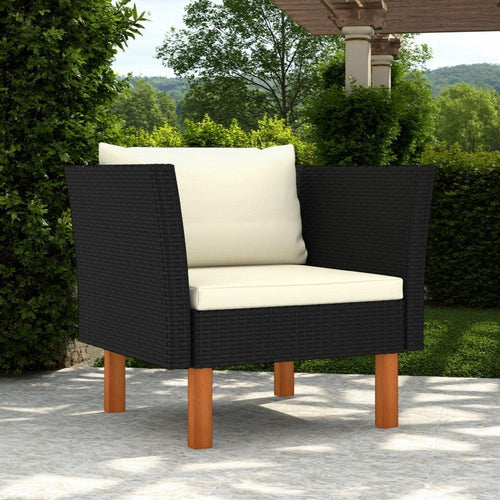 Outdoor Sofa, Black Rattan, Ivory Fabric Cushions, Brown Wood 29"