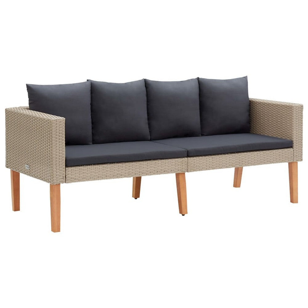 Outdoor Sofa, Beige Rattan, Gray Fabric Cushions, Brown Wood, 65"