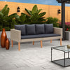 Outdoor Sofa, Beige Rattan, Gray Fabric Cushions, Brown Wood, 65"