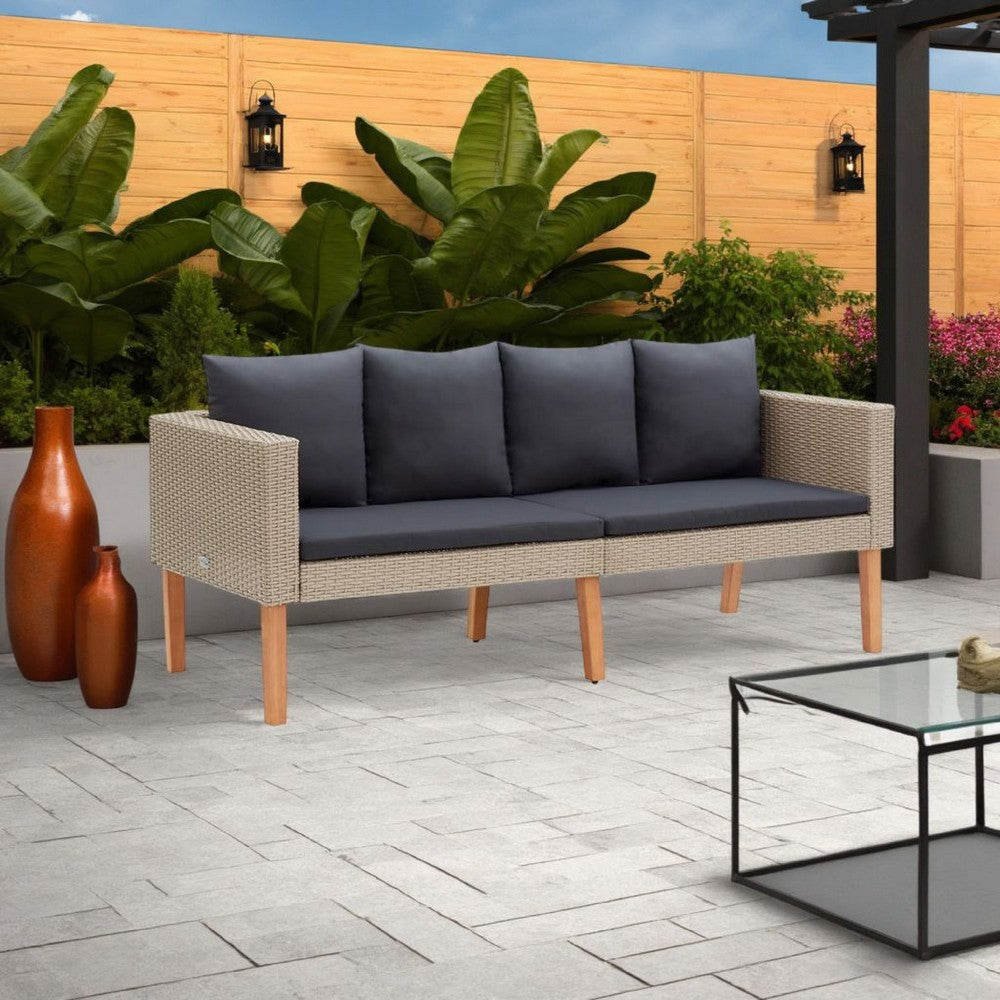 Outdoor Sofa, Beige Rattan, Gray Fabric Cushions, Brown Wood, 65"