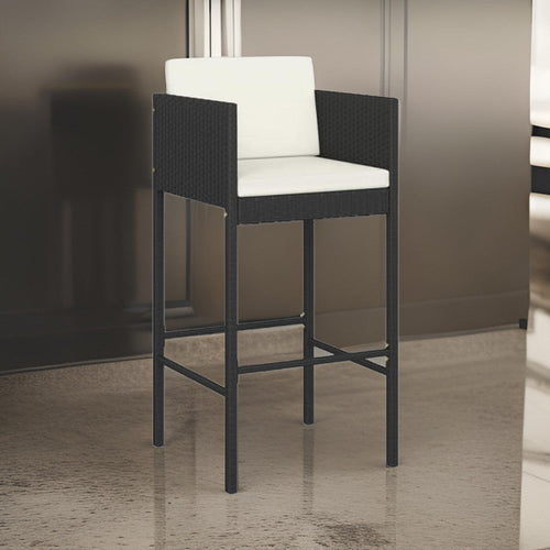 Outdoor Barstool Chair Set of 4, White Fabric Cushions, Black Rattan