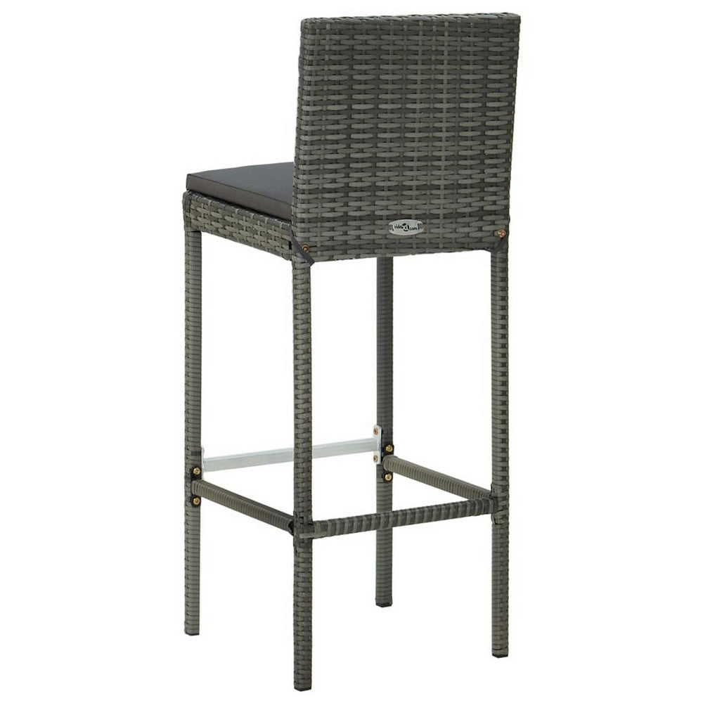 Outdoor Barstool Chair Set of 2, Gray Rattan, Black Fabric Cushions