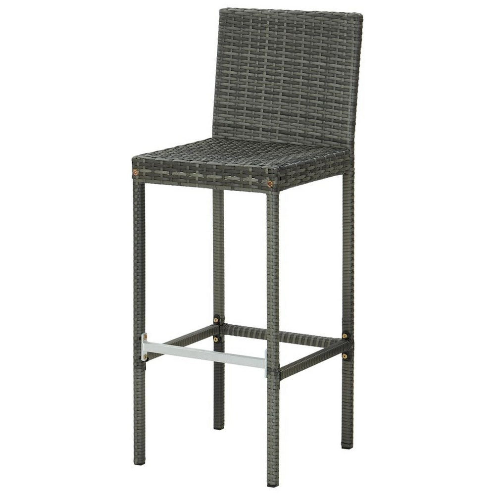 Outdoor Barstool Chair Set of 2, Gray Rattan, Black Fabric Cushions