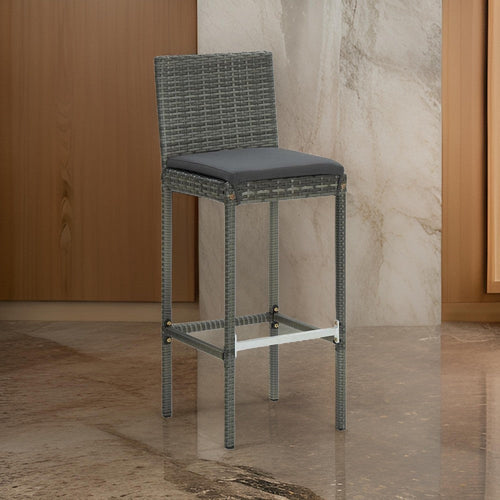 Outdoor Barstool Chair Set of 2, Gray Rattan, Black Fabric Cushions