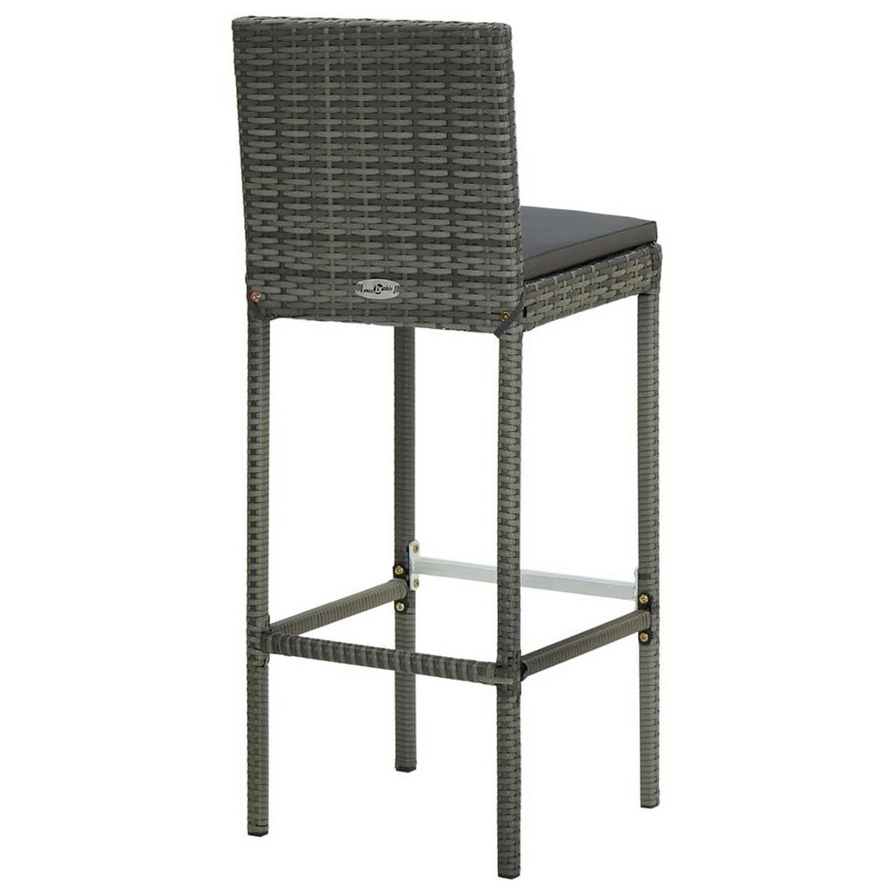 Outdoor Barstool Chair Set of 2, Gray Rattan, Black Fabric Cushions