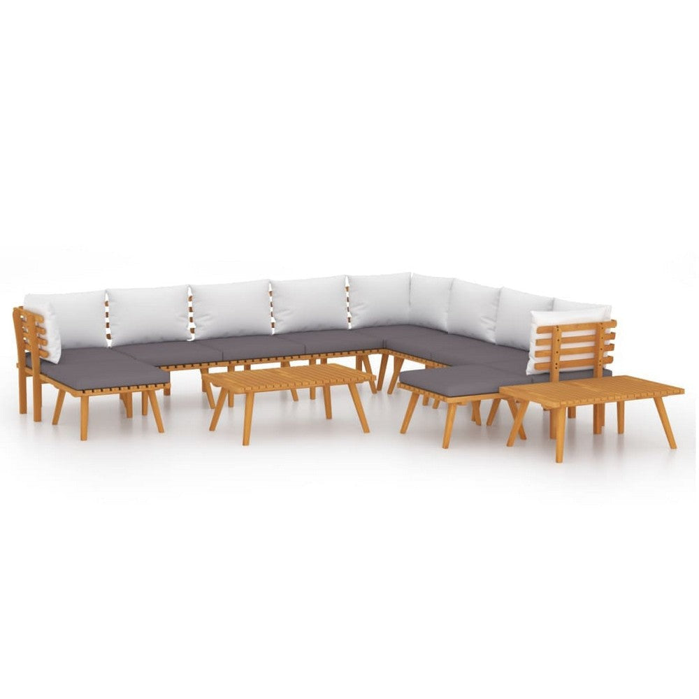 Roma 12pc Outdoor Modular Sofa Set, 2 Tables, Gray, White, Acacia Wood